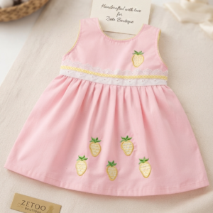 Pink baby cotton frock with strawberry embroidery for girls by Zetoo Boutique