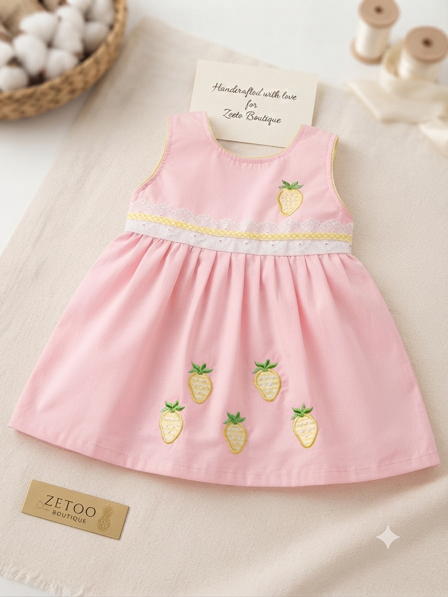 Pink baby cotton frock with strawberry embroidery for girls by Zetoo Boutique